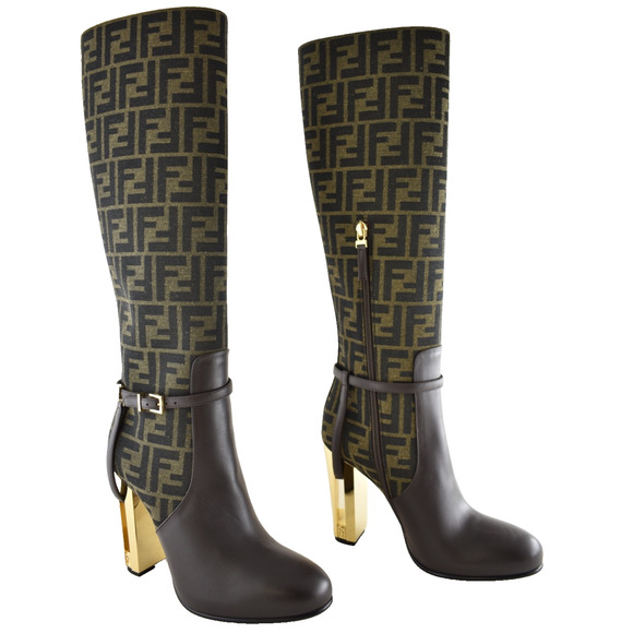 Fendi 105mm Traced Brown Leather Monogram FF Logo Motif Knee High Heel Boot 37 - Picture 4 of 16